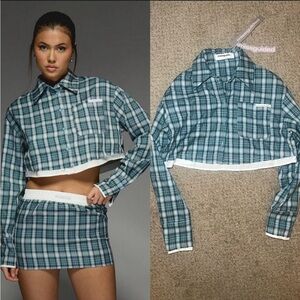 Missguided Teal Plaid Cropped Set